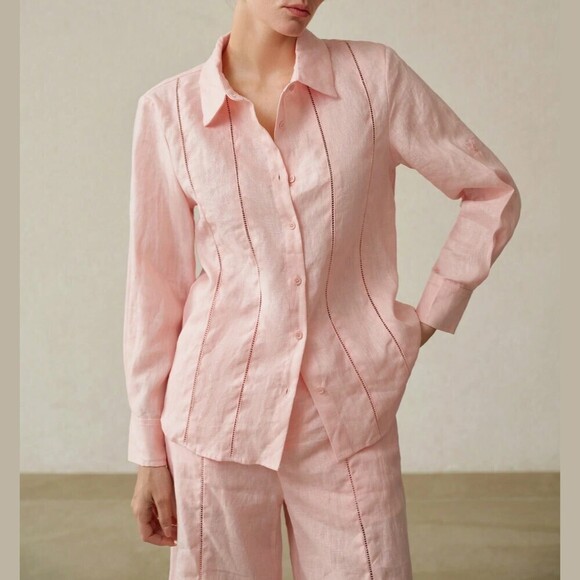 Tops - Pink Linen Button-Down Shirt with Ladder Trim Detail